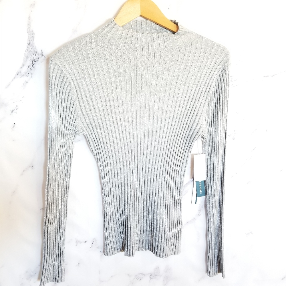 COURT & ROWE Metallic Mockneck Ribbed Sweater